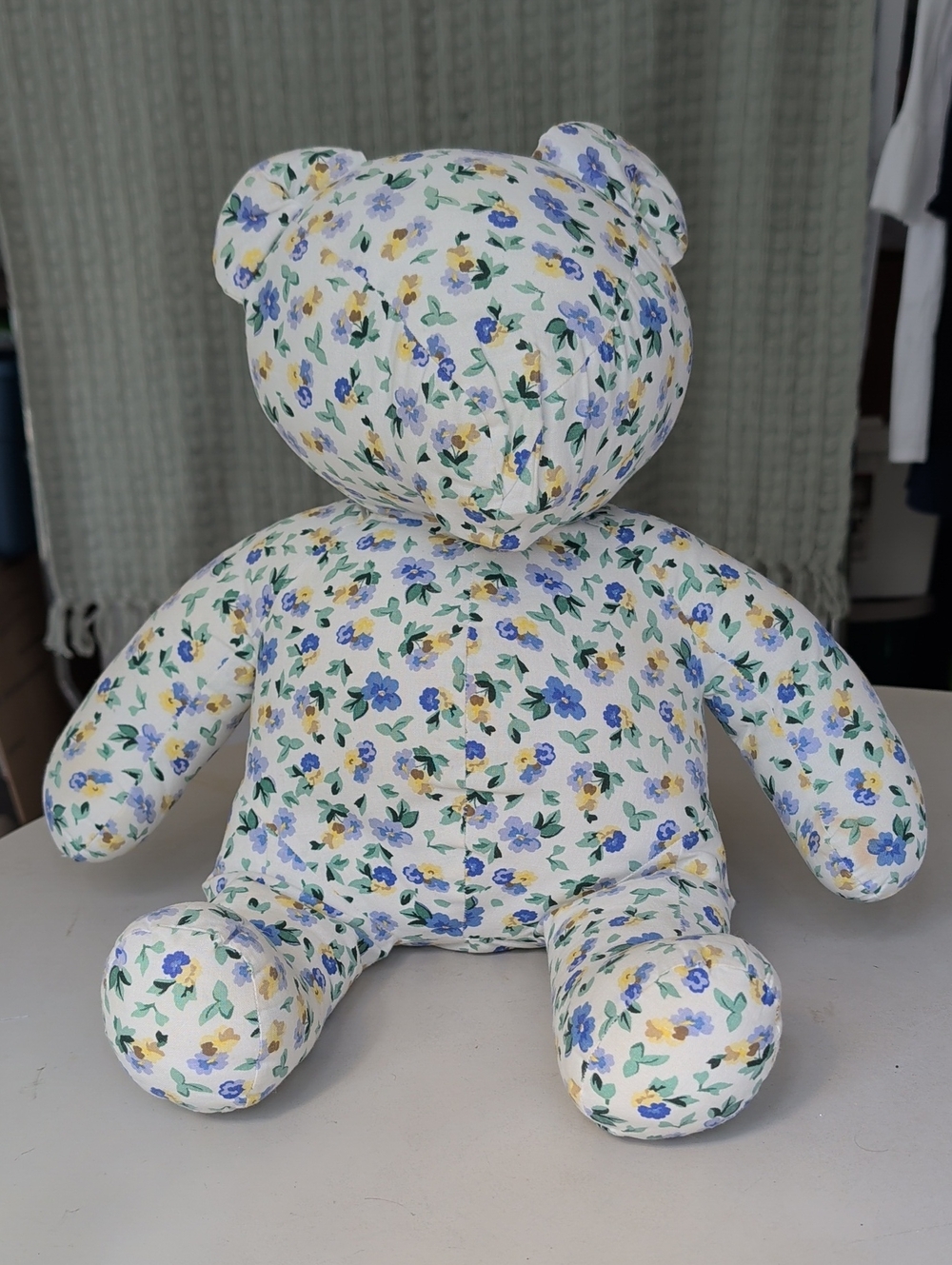 Handmade Floral Pattern Plush Bear White, Blue & Yellow Flowers Classic Pastel